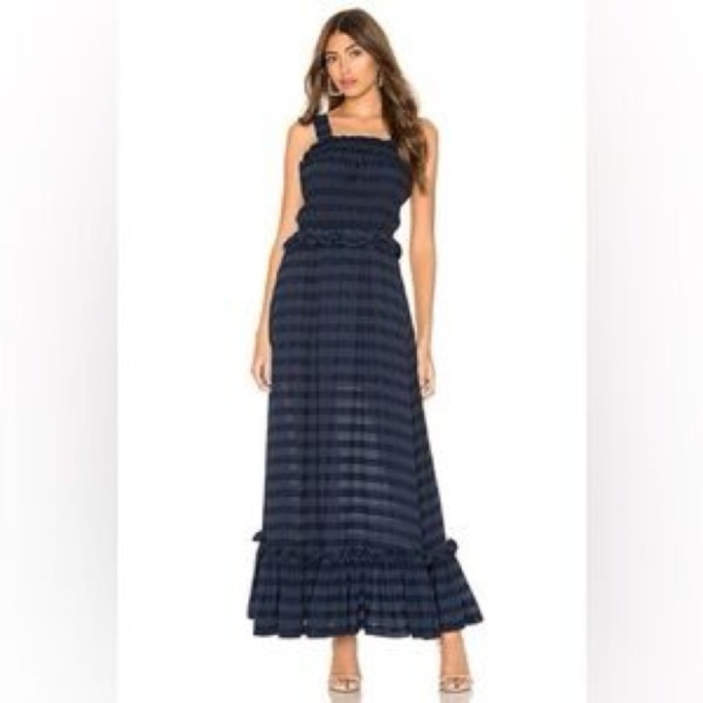Tularosa Navy Blue Striped Smocked Ruffle Midi Tank Dress